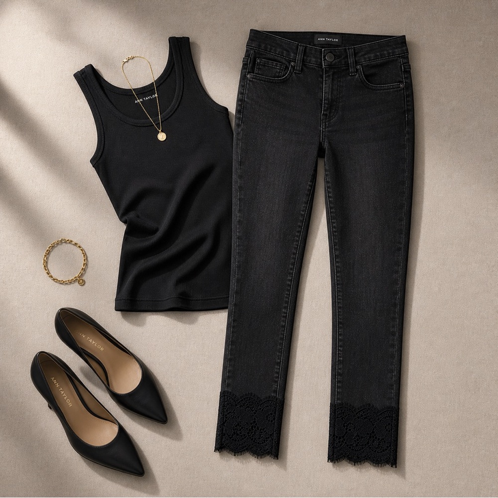 Ann Taylor Dark Gray/ Black Skinny Jeans with Lace Hem